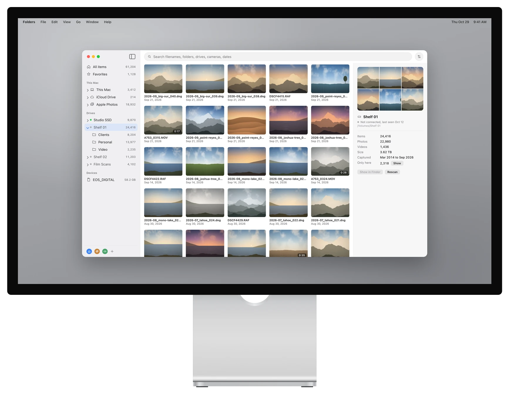 Folders on a Studio Display, browsing an unplugged drive with its previews, file count and size