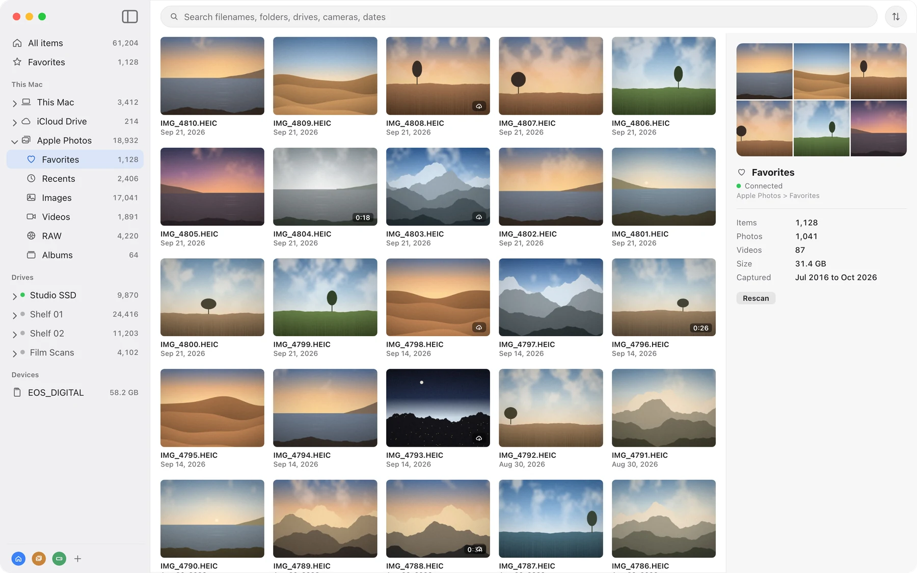 Apple Photos in the Folders sidebar with Favorites, Recents, Images, Videos, RAW and Albums